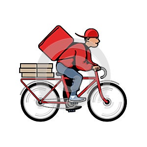 Delivery man on bike in cartoon style. Courier on bicycle with red parcel box. Vector illustration.