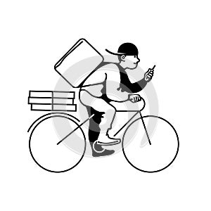 Delivery man on bike. Courier on bicycle with parcel box with a smart phone. Online delivery service Vector illustration