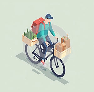 Delivery man on bike with rucksack and shopping boxes.