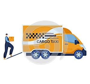 Delivery man in blue uniform carrying a package to yellow cargo van. Service and logistics concept, courier delivering