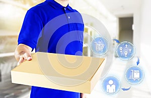 Delivery man in blue uniform and hands holding paper box for delivering package on icon media background. Concept order online