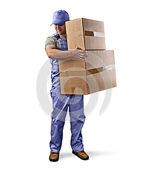 Delivery man in blue uniform holding a box