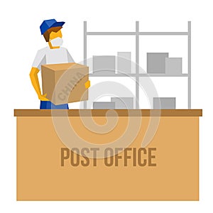 Delivery man in blue uniform and medicicne madk holding box