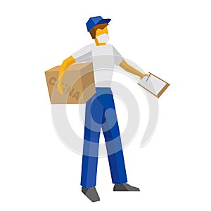 Delivery man in blue uniform and medicicne mask holding carton