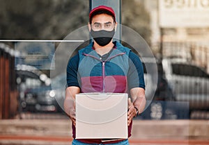 Delivery man, box and covid face mask working for courier service with package, shipment or parcel outdoor. Express