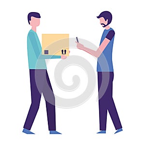 Delivery man with box and man using mobile