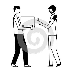 Delivery man with box and man using mobile