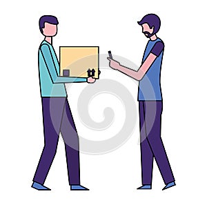 Delivery man with box and man using mobile