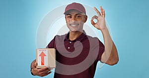 Delivery man, box and okay hands for success, product excellence and courier services in studio. Happy portrait of