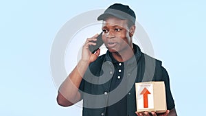 Delivery man, box and phone call for courier communication, e commerce information and update on package in studio