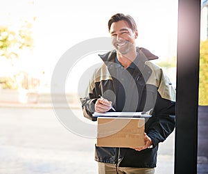 Delivery man, box and portrait with a package and pen for signature on paper at front door. Logistics worker with