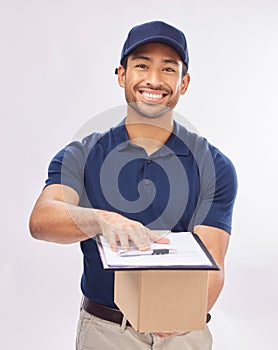 Delivery man, box in portrait and smile, clipboard for signature and package, shipping isolated on white background