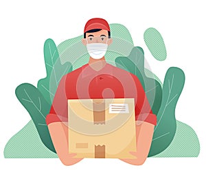 Delivery man with box during the prevention of coronovirus. Safety home delivery. Flat cartoon