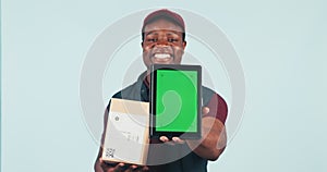 Delivery man, box and tablet in studio, green screen and face for supply chain app by blue background. African courier