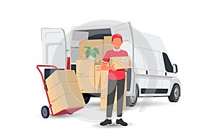 Delivery man with a box and white Van car