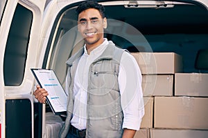 Delivery man, box and working with a checklist in the van, courier service or portrait of employee shipping package