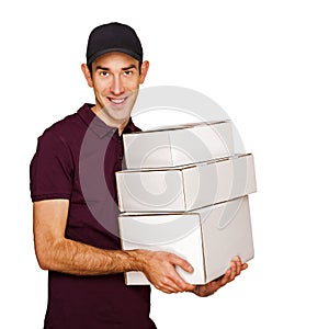 Delivery man with boxes isolated over white background.