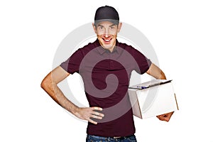 Delivery man with boxs isolated over white background.