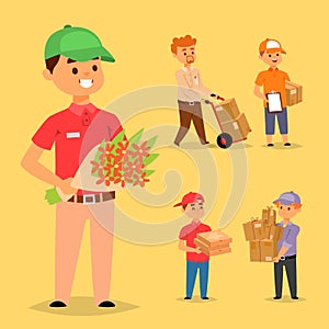 Delivery man boy vector service workers and clients couriers delivering man characters shop mailmen bringing packages