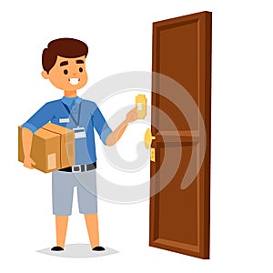 Delivery man boy vector service workers and clients couriers delivering man characters shop mailmen bringing packages