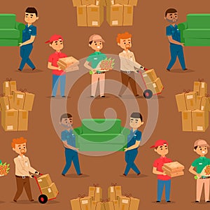 Delivery man boy vector service workers and clients couriers delivering man characters shop mailmen bringing packages