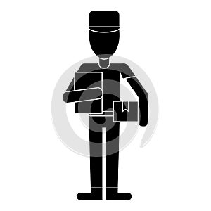Delivery man with cap box and clipboard pictogram