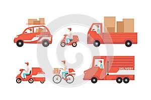 Delivery Man in Cap Driving Truck and Car Carrying Cardboard Boxes and Parcels Vector Set