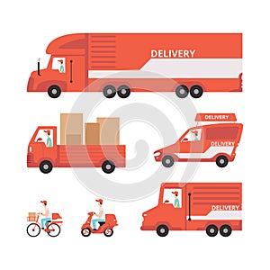 Delivery Man in Cap Driving Truck and Car Carrying Cardboard Boxes and Parcels Vector Set