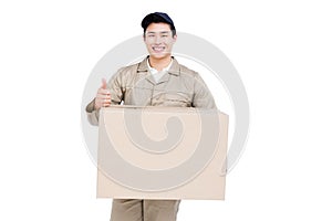 Delivery man with cardboard box giving a thumbs up