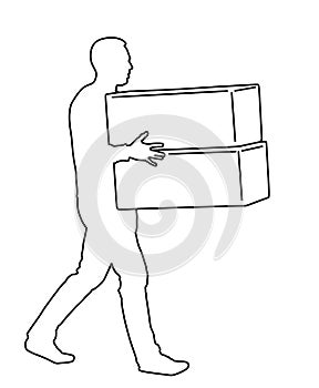 Delivery man carrying boxes of good vector line contour. Post man with package. Distribution storehouse. Boy holding heavy load.