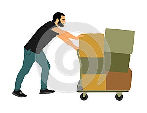Delivery man carrying boxes of goods. Post man with package. Distribution and procurement. Boy with heavy package moving service.