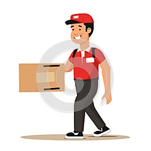 Delivery man carrying cardboard box, smiling courier delivering package foot. Uniformed male photo