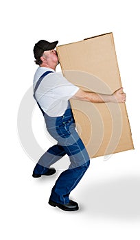 Delivery man carrying heavy cardboard box