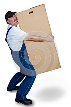 Delivery man carrying heavy cardboard box