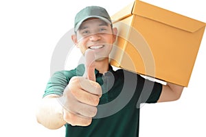 Delivery man carrying a parcel box giving thumbs up