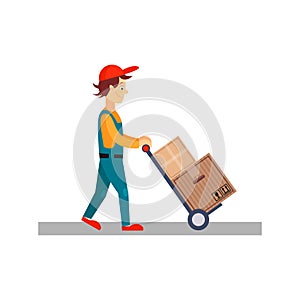 Delivery Man with Cart and Carton Boxes, Vector