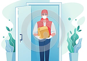 Delivery man. Cartoon courier with face mask at the door with cardboard package, coronavirus prevention. Vector delivery