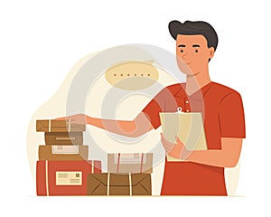 Delivery Man Checking the Parcel Boxes for Shipping Concept Illustration