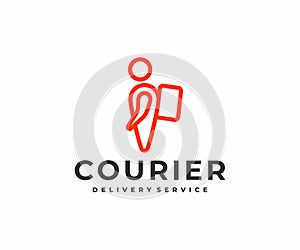 Delivery man courier with backpack logo design. Map point person delivery express vector design