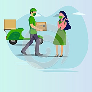 A delivery man courier character delivering an online box shopping order and giving it to a happy customer