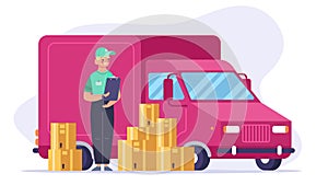 Delivery man. Courier delivery service, young man delivered cardboard boxes. Local delivery or shipping concept vector