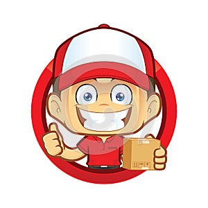 Delivery man courier holding a box and giving thumbs up in circle shape