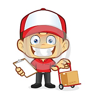 Delivery man courier holding a cart and clipboard