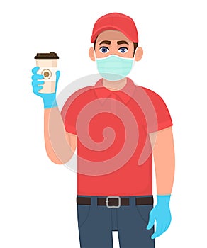 Delivery man or courier in mask and gloves showing coffee cup. Person holding paper mug. Male character vector design. Corona