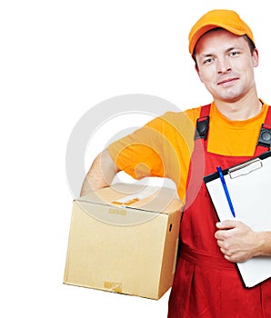 Delivery man courier with parcel cardboard box