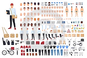 Delivery man creation set or building kit. Bundle of cartoon character s body parts in different postures, details photo