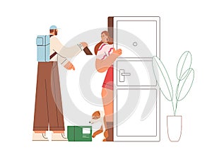 Delivery man with delivered order in box. Customer opening door to receive package from courier. Woman and deliveryman