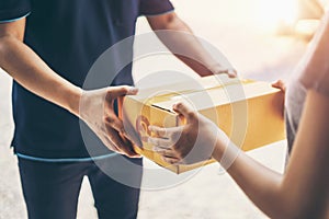 Delivery man delivering holding parcel box