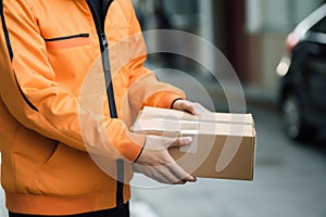 Delivery man delivering holding parcel box