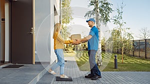 Delivery Man Delivers Cardboard Box Package to a Beautiful Young Woman, Who will Sign Electronic S